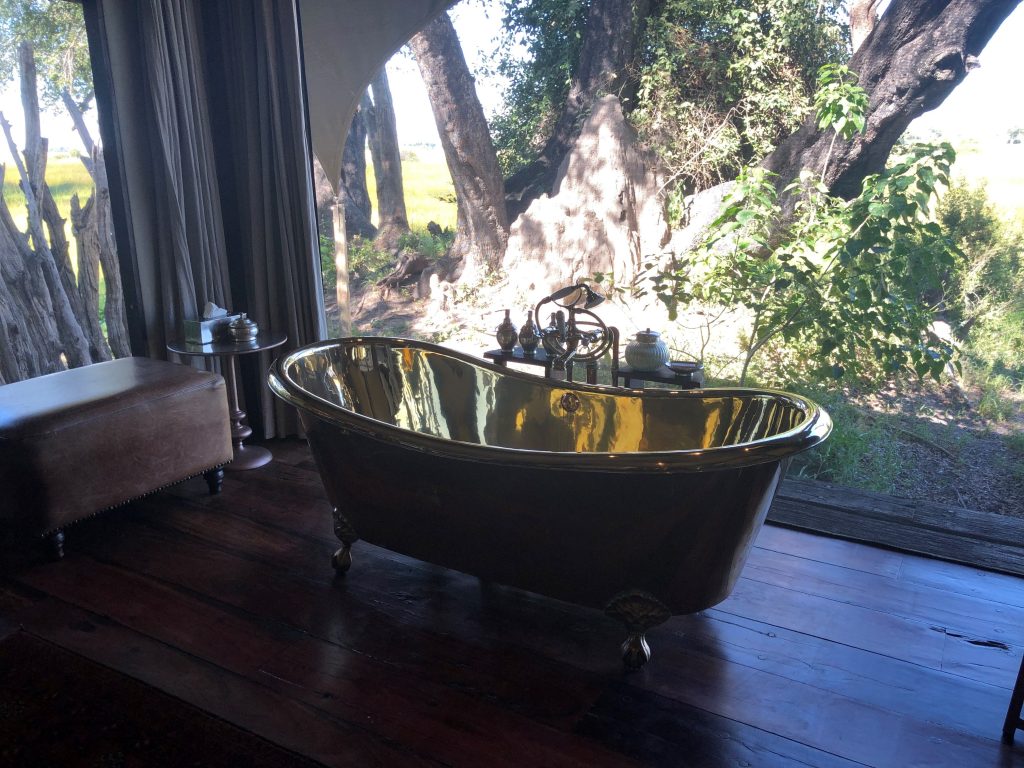 Brass bathtub in safari tent lodge